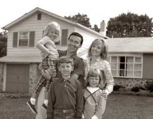 1960s Family Portrait Outside Suburban House Parents 3 Three Kids